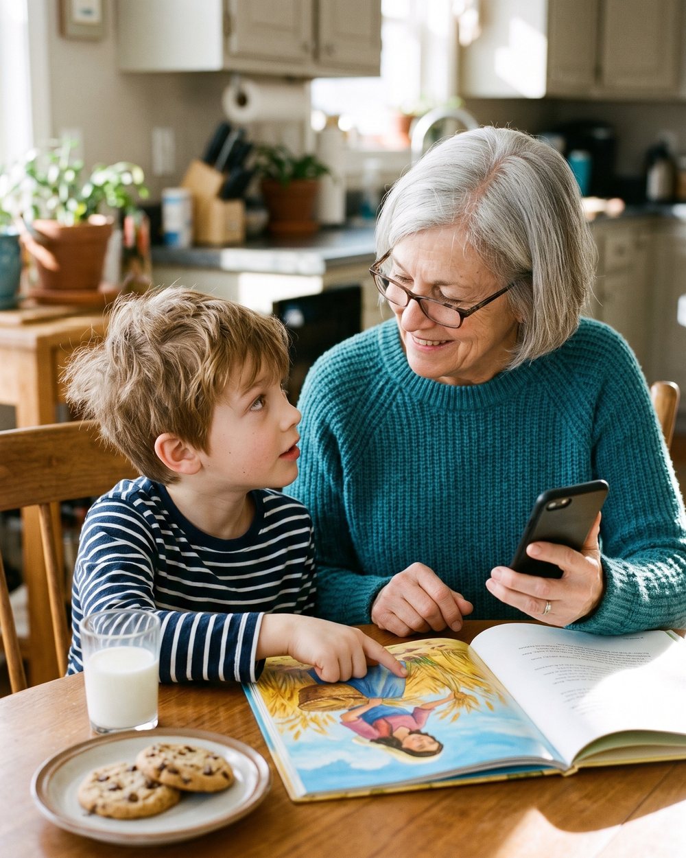 A grandmother and her grandson at the kitchen table with an open Bible, the boy pointing at the page and asking, the grandmother smiling with her phone in hand