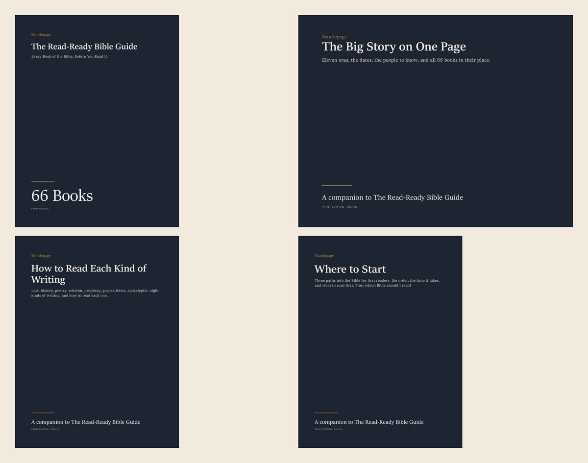 The covers of The Read-Ready Bible Guide, The Big Story on One Page, How to Read Each Kind of Writing and Where to Start