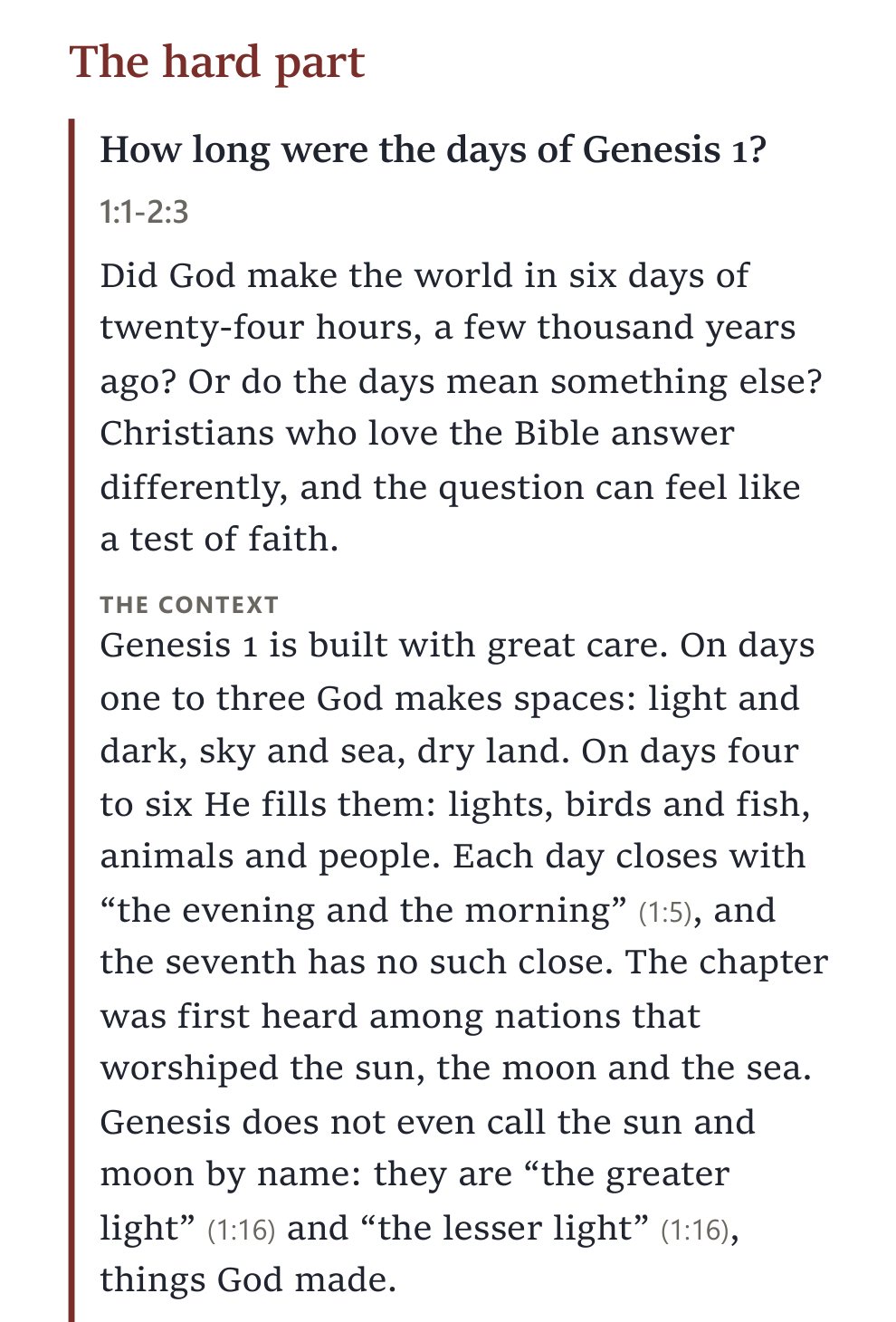 From the Go deeper pages of Genesis: The hard part, on how long the days of Genesis 1 were, with the context and what the context changes