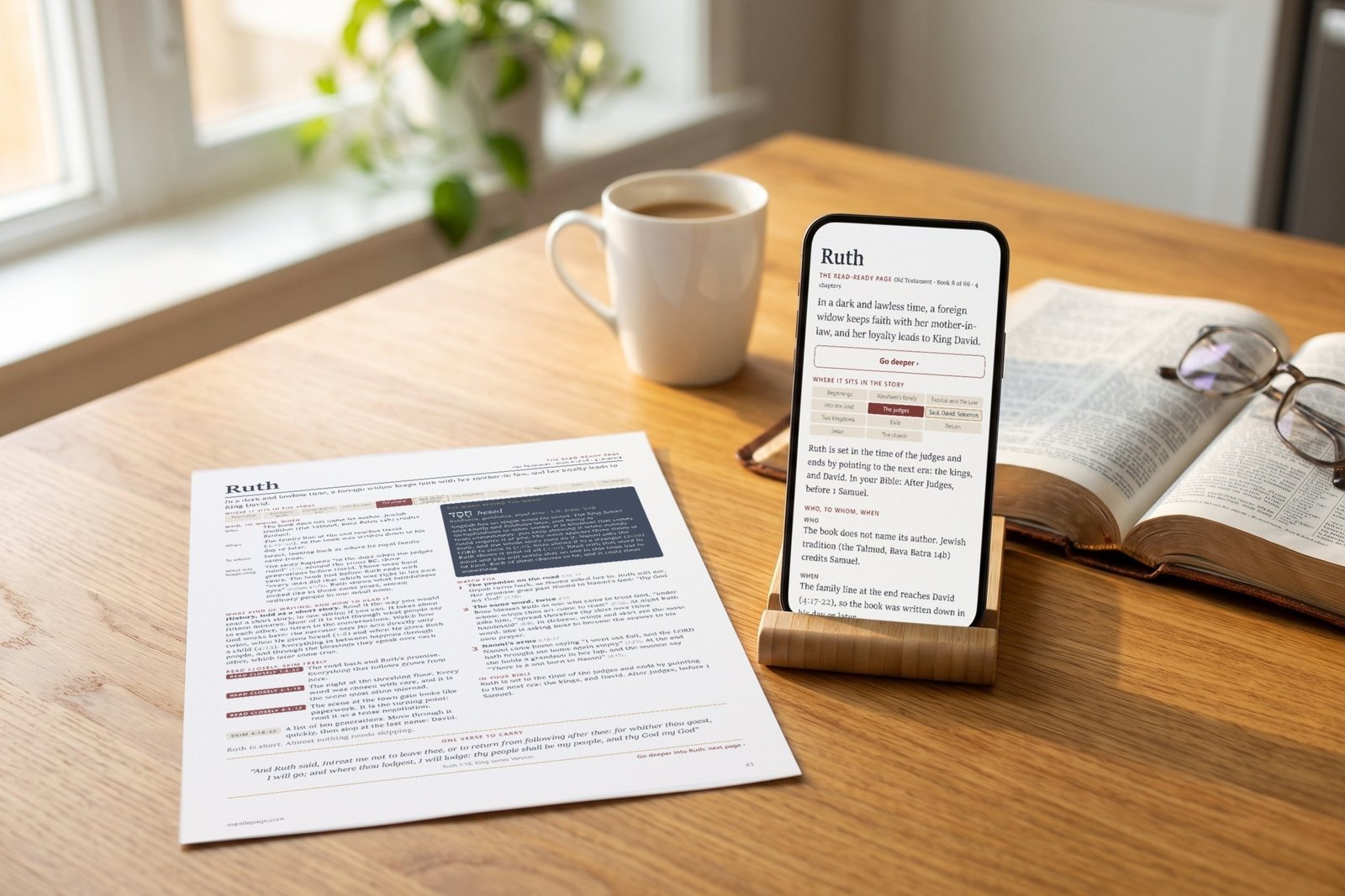 The Read-Ready Bible Guide open on a phone next to an open Bible, reading glasses and a printed Read-Ready page on a kitchen table