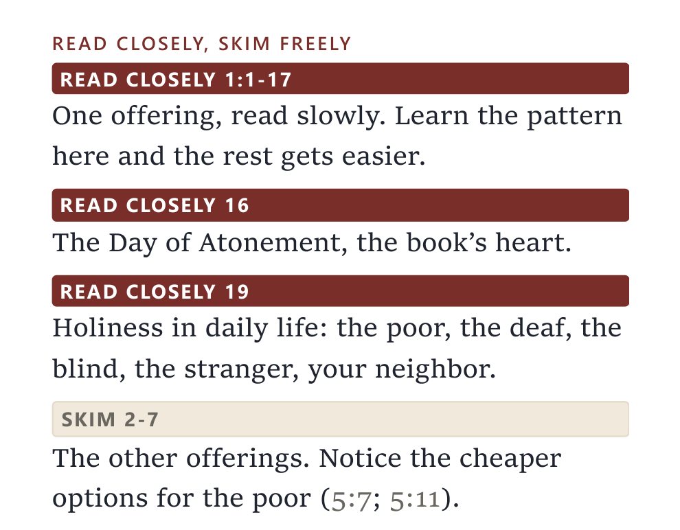 From the Read-Ready page of Leviticus: read closely 1:1-17, 16 and 19; skim 2-7, 11-15 and 21-22
