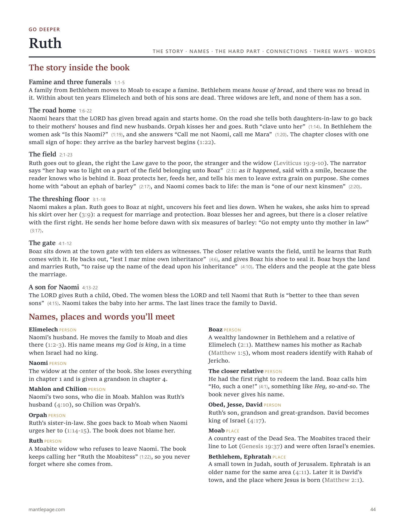 The first Go deeper page of Ruth, print edition: the story inside the book and the names, places and words you'll meet