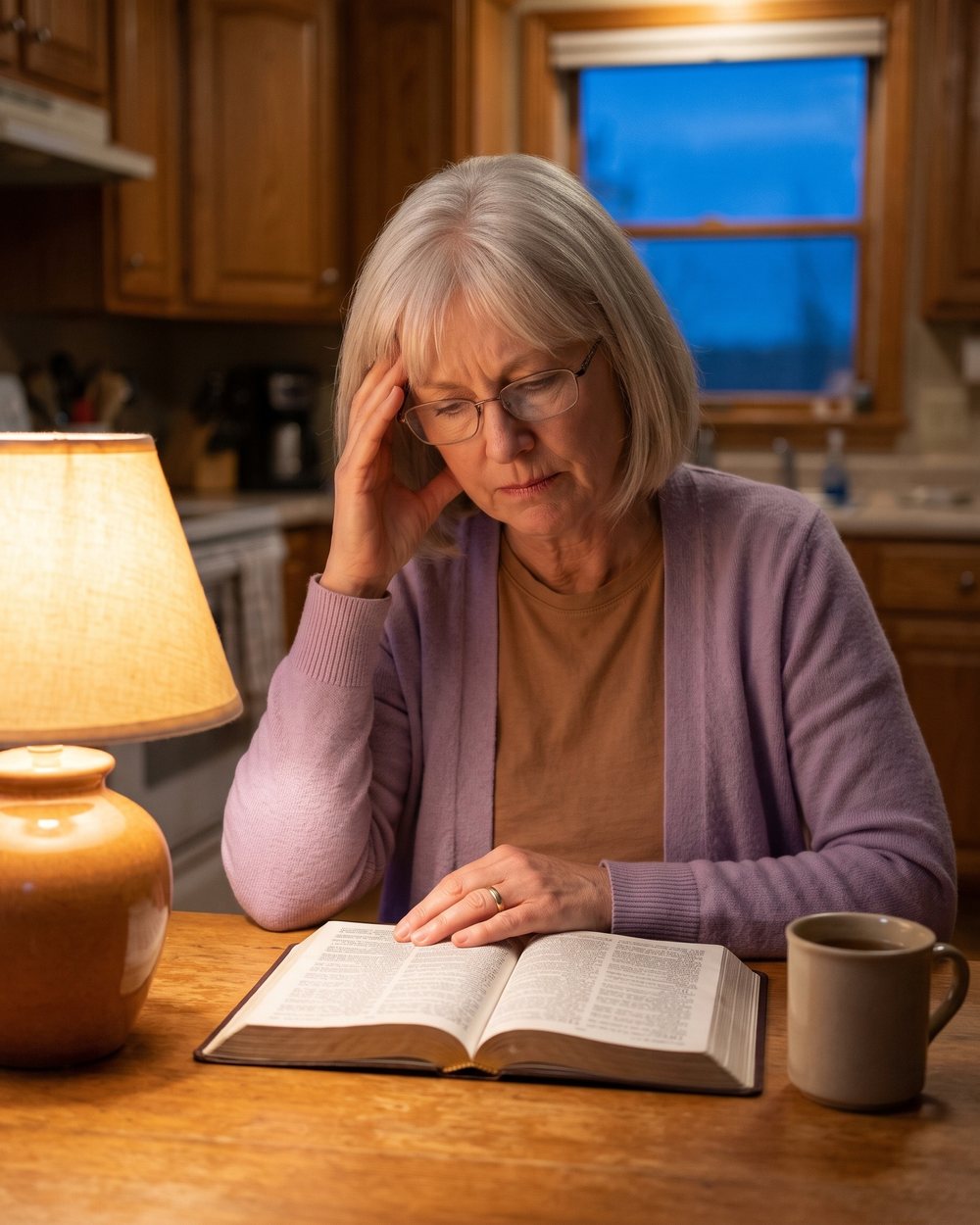 A woman in her late fifties with reading glasses at her kitchen table in the evening, an open Bible in front of her, looking lost on a dense page