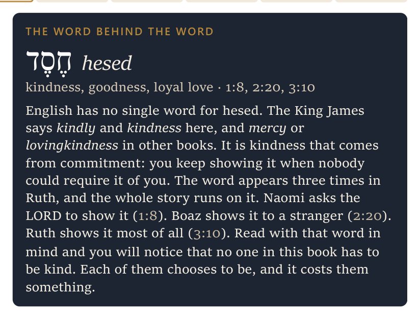 The word behind the word on the Read-Ready page of Ruth: hesed, kindness, goodness, loyal love, with the verses where it appears